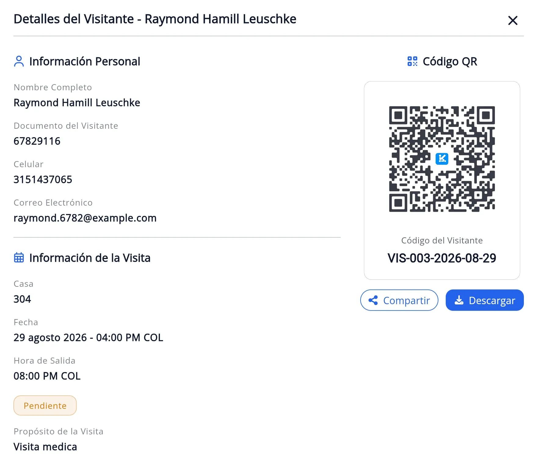 Pantalla de registro de visitantes con código QR
