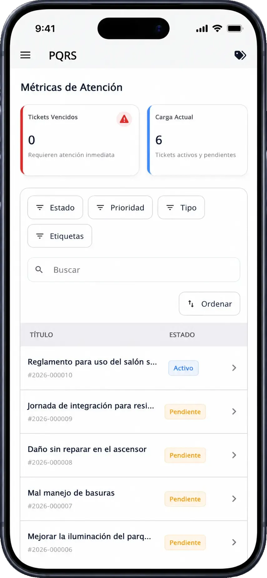 Vista móvil de PQRS en Konjunto