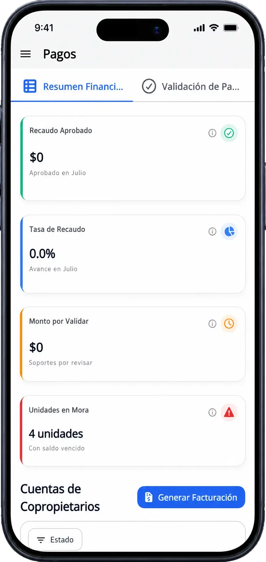 Vista móvil de pagos en Konjunto