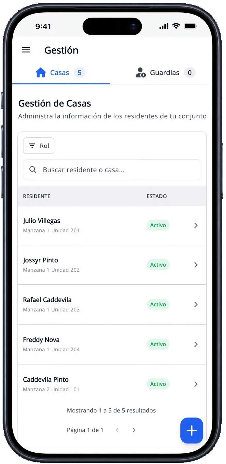 Vista móvil de gestión residencial en Konjunto