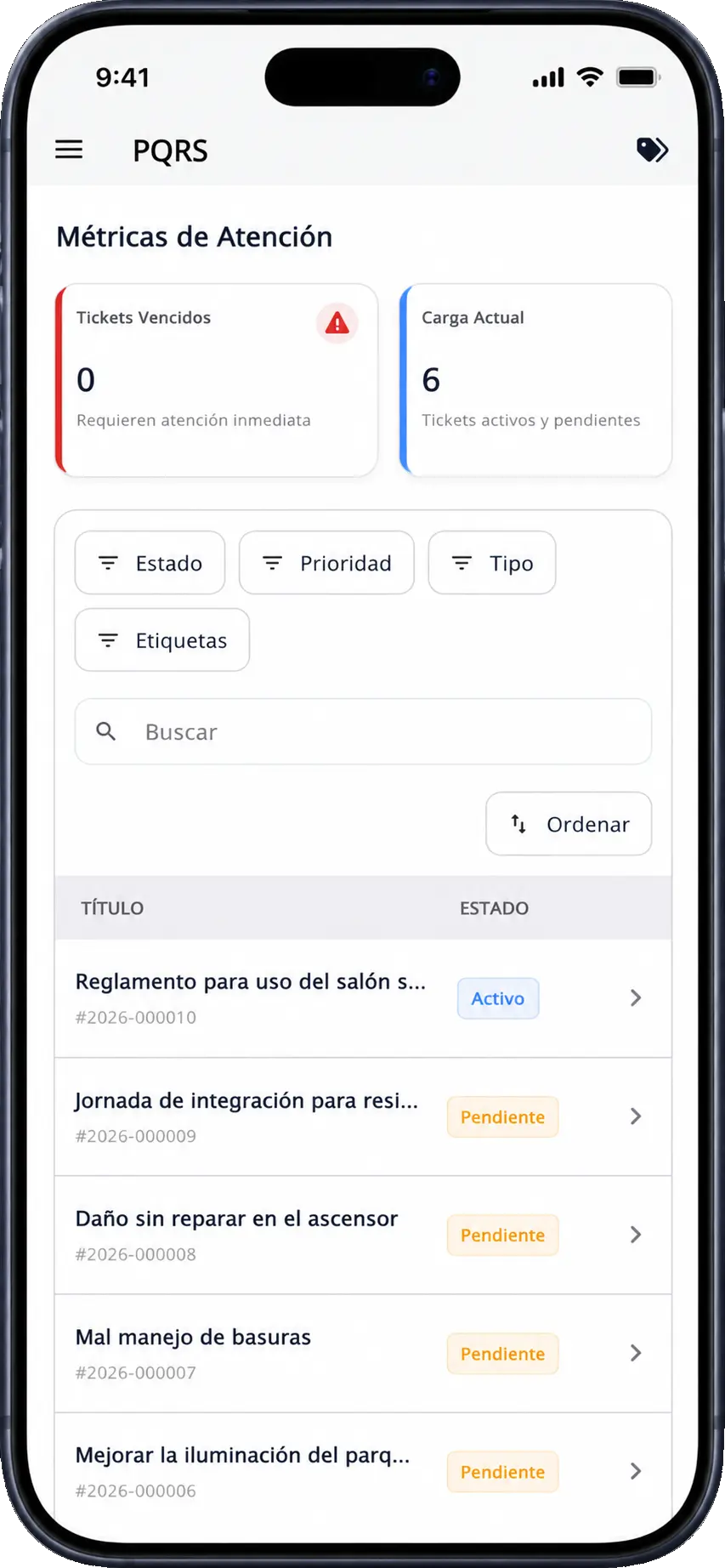 Vista móvil de PQRS en Konjunto